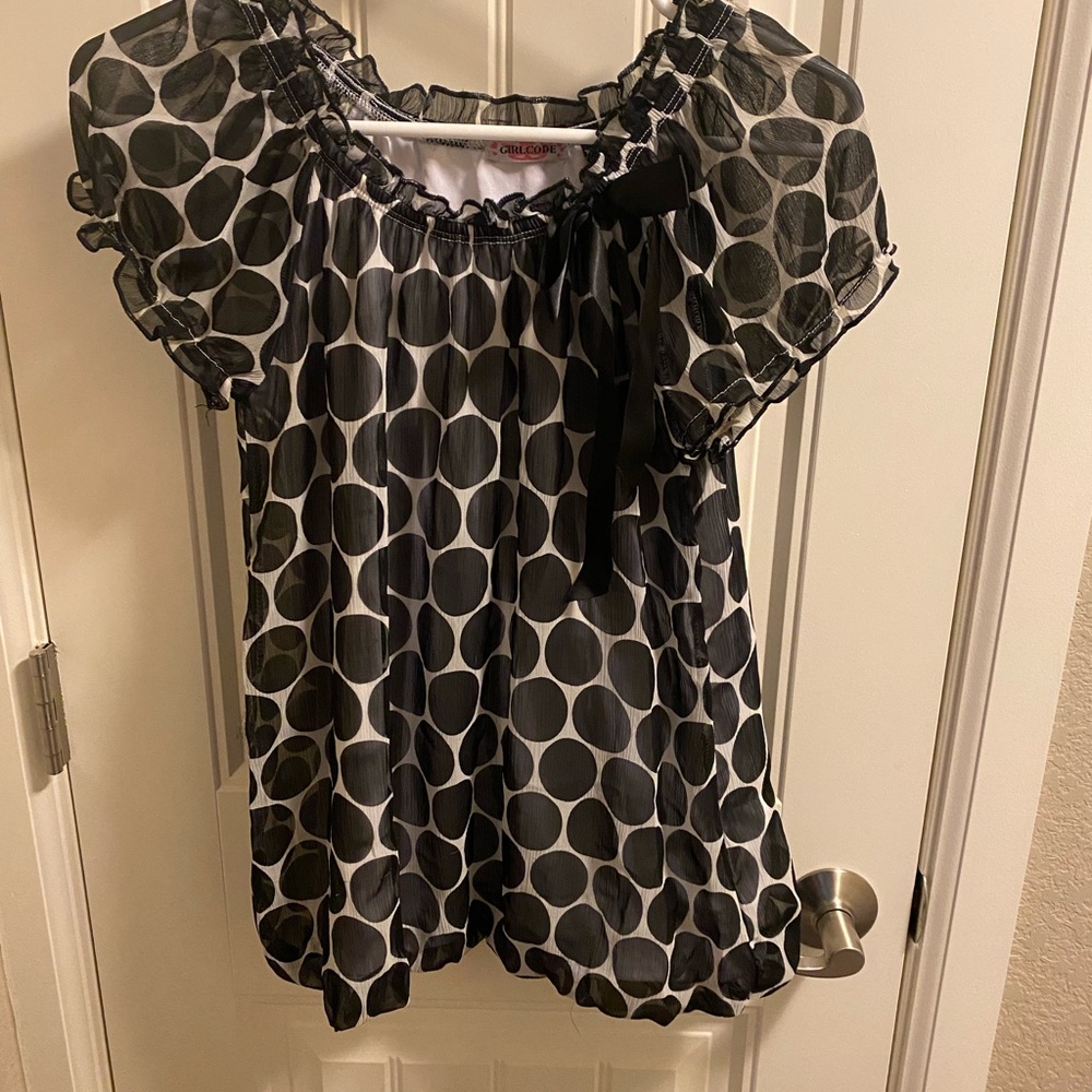 Girl Code L Top Juniors Black White Ribbon Trim Blouse Large Lg Shirt Polka Dots
